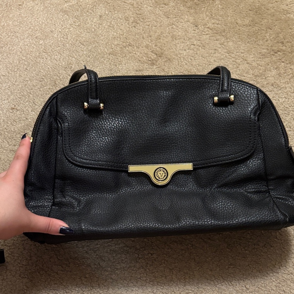 Anne Klein Black Pebbled Shoulder Bag with Gold Hardware